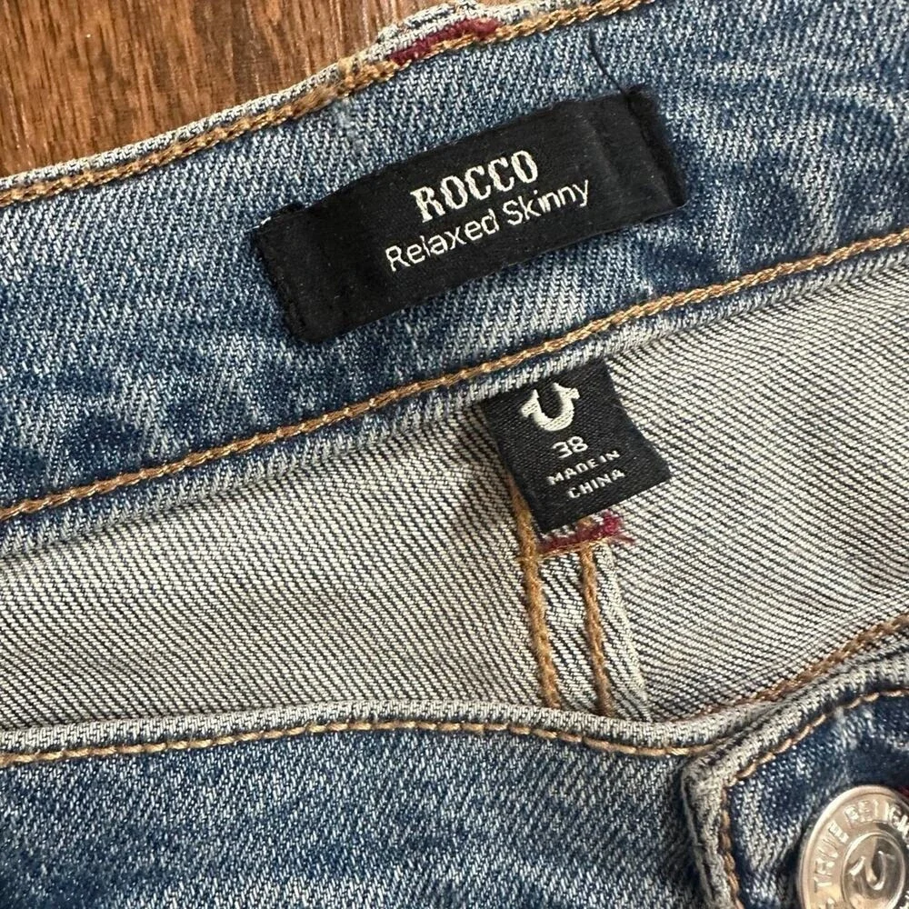 True Religion Rocco Relaxed Skinny Moto Jeans Mens 38 Blue Denim Ribbed Knee